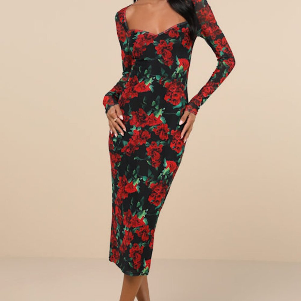Lulus Sultry Marvel Black Floral Mesh Midi Dress - Size XL
